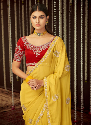 Yellow Color Organza Indian Wedding Saree With Red Blouse